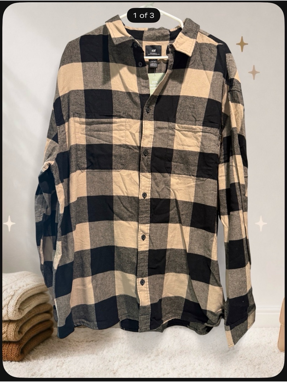 H&M Black & Beige Plaid Relaxed-Fit Button Shirt